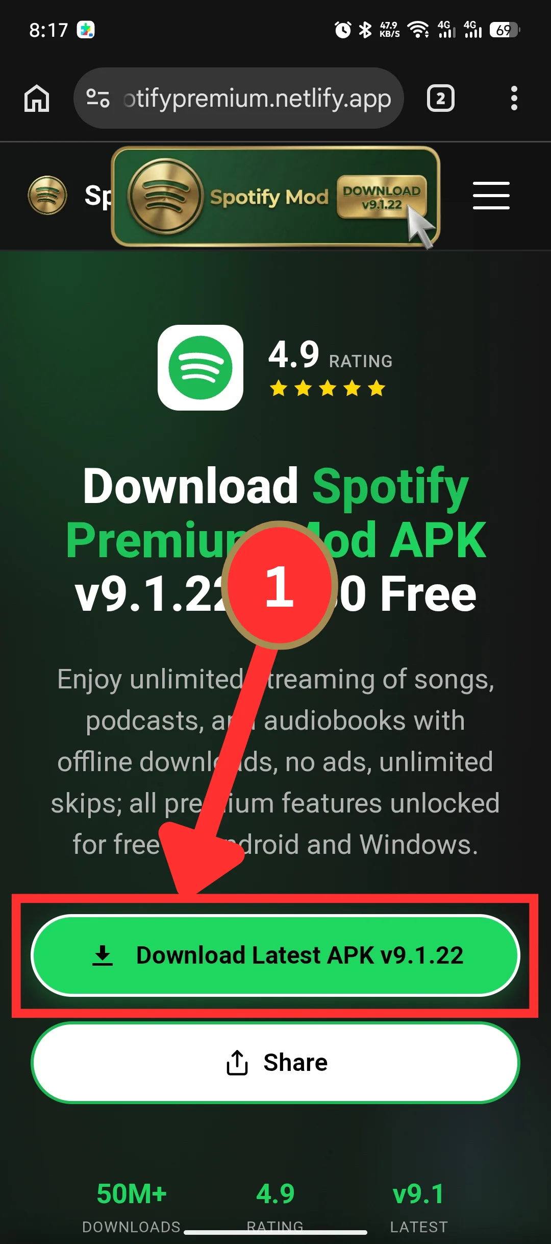 Screenshot showing the download button on The Spotify home page