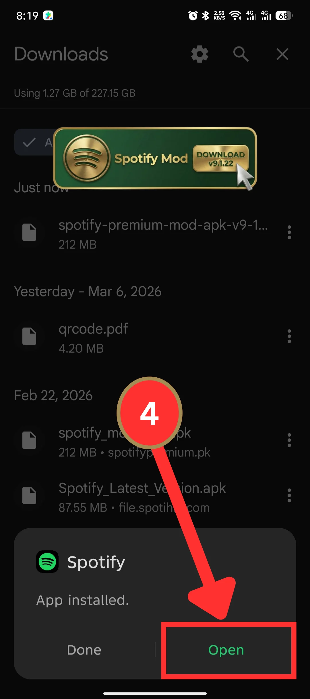 Screenshot showing the App Installed confirmation with Open button