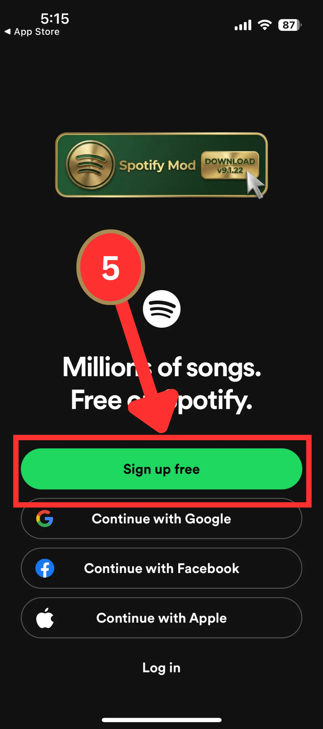 Screenshot showing the Spotify welcome screen with Sign up free button